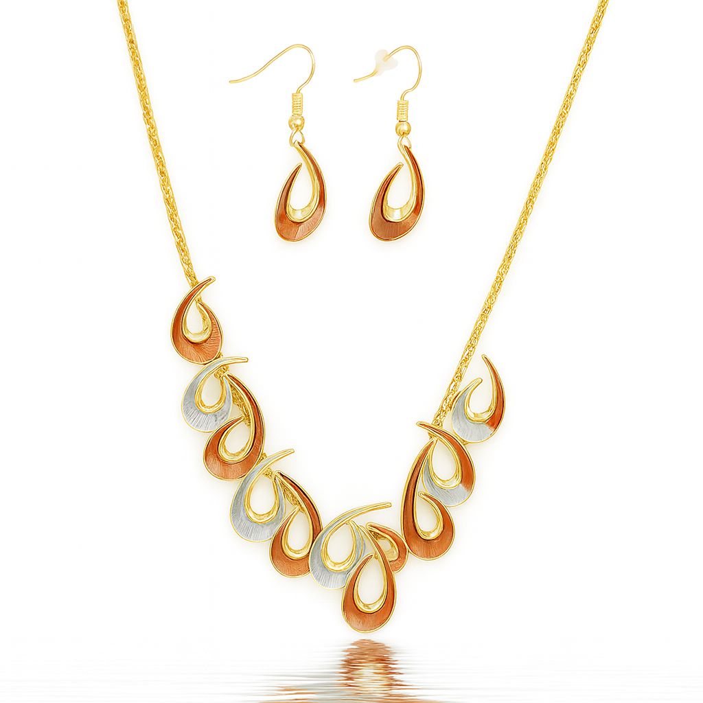Gold-plated teardrop necklace and earring set with hand-painted enamel