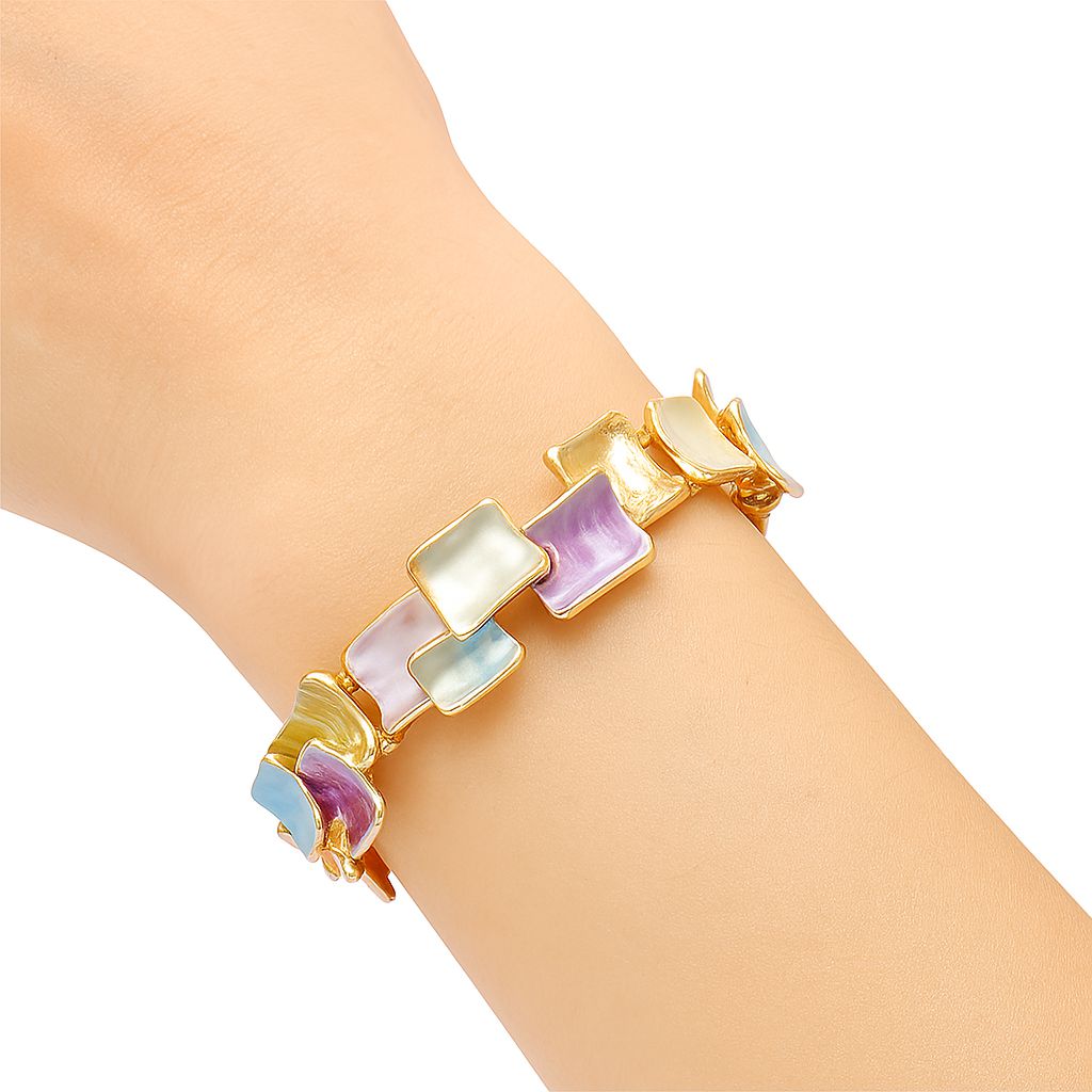 Model wearing pastel enamel bracelet set for women