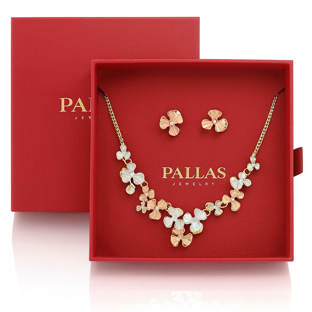 Floral stud earrings and matching necklace close-up