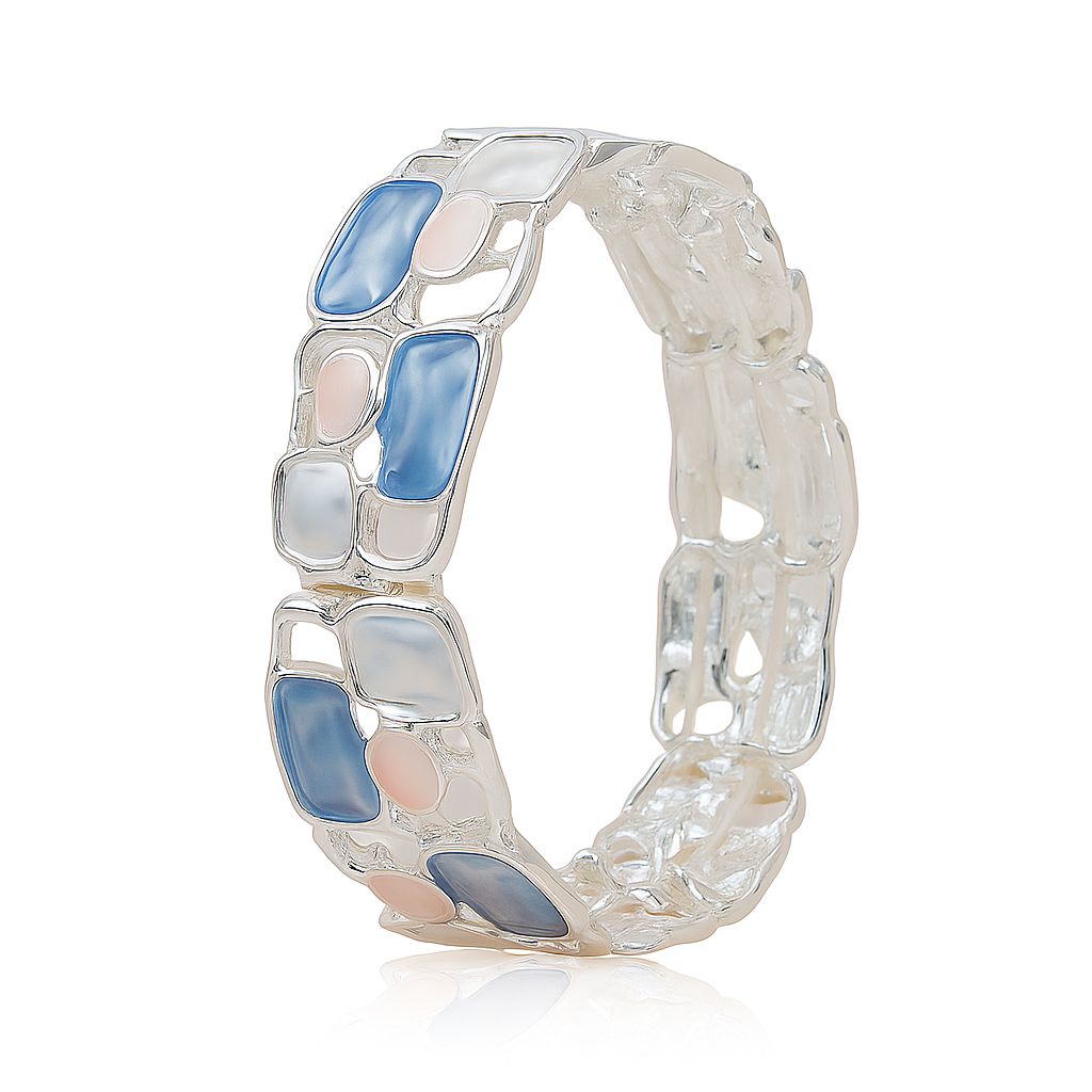 Model wearing pastel geometric KC gold plated bracelet in blue and pink enamel