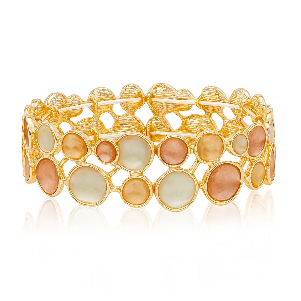 KC gold-plated alloy bracelet with pastel enamel design on model wrist