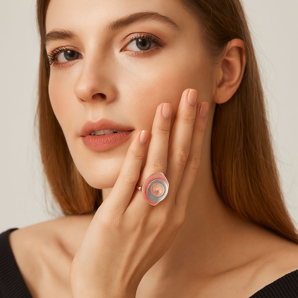 Pastel pink enamel swirl ring worn on finger