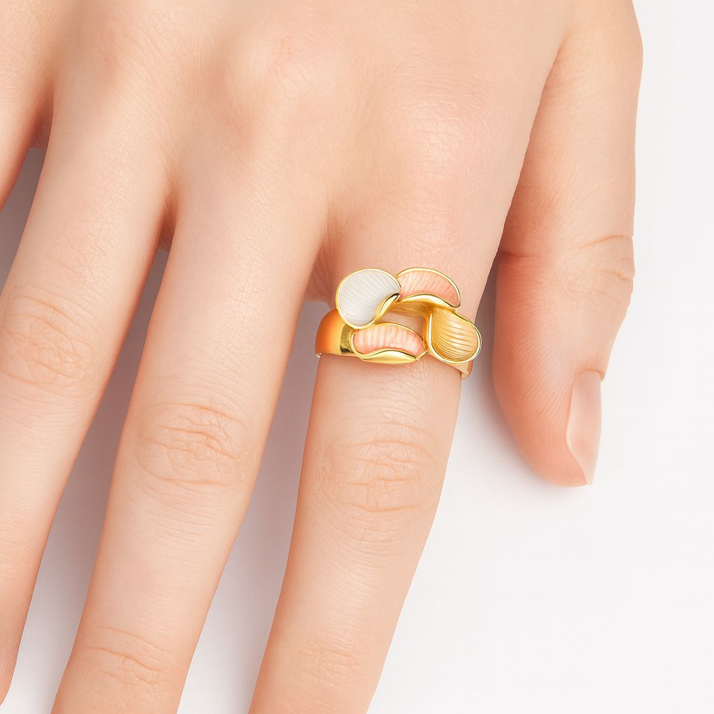 Model wearing tri-tone petal bloom artistic statement ring