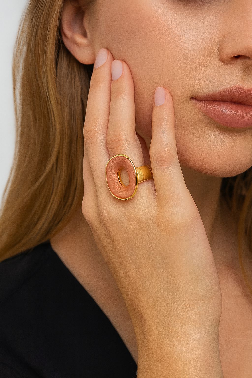 Hand-painted pink enamel circle ring worn on hand – adjustable KC gold ring