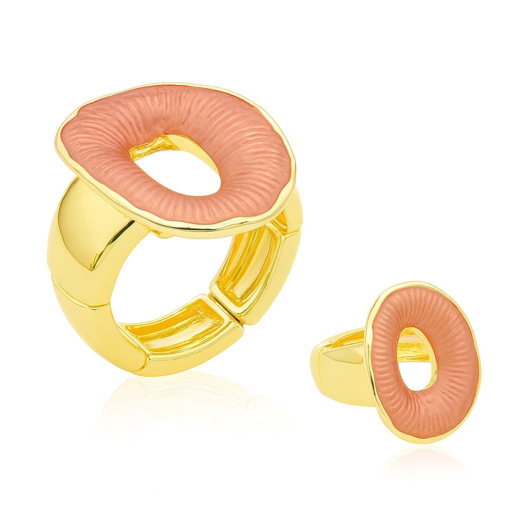 Pink enamel circle statement ring with KC gold plating – front view