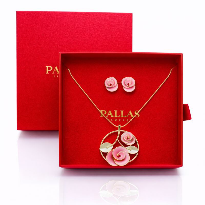 Pink rose enamel necklace and earrings set in luxury red gift box