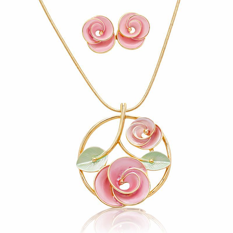 Pink rose enamel necklace and earrings set worn by model, hand-painted floral KC gold jewelry