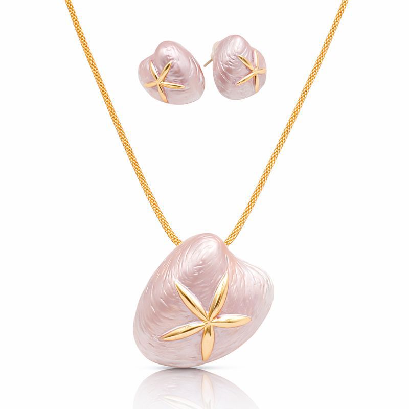 Pink shell flower necklace and earrings set in KC gold plating