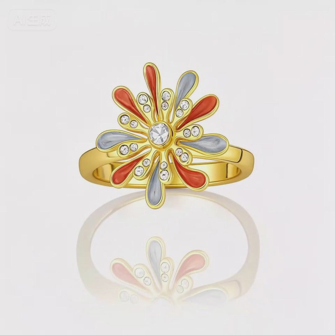 Flower Enamel Ring with Crystals