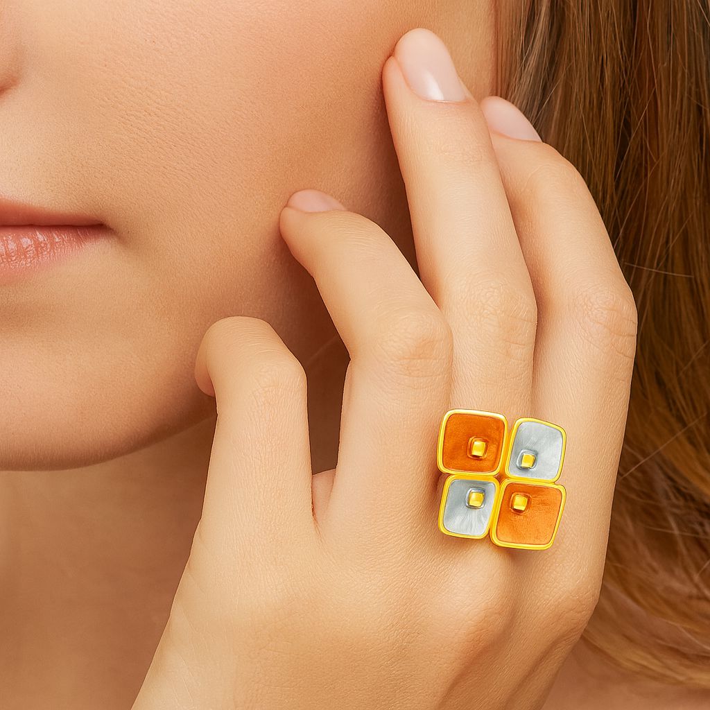 Geometric quad-panel KC gold enamel ring for women