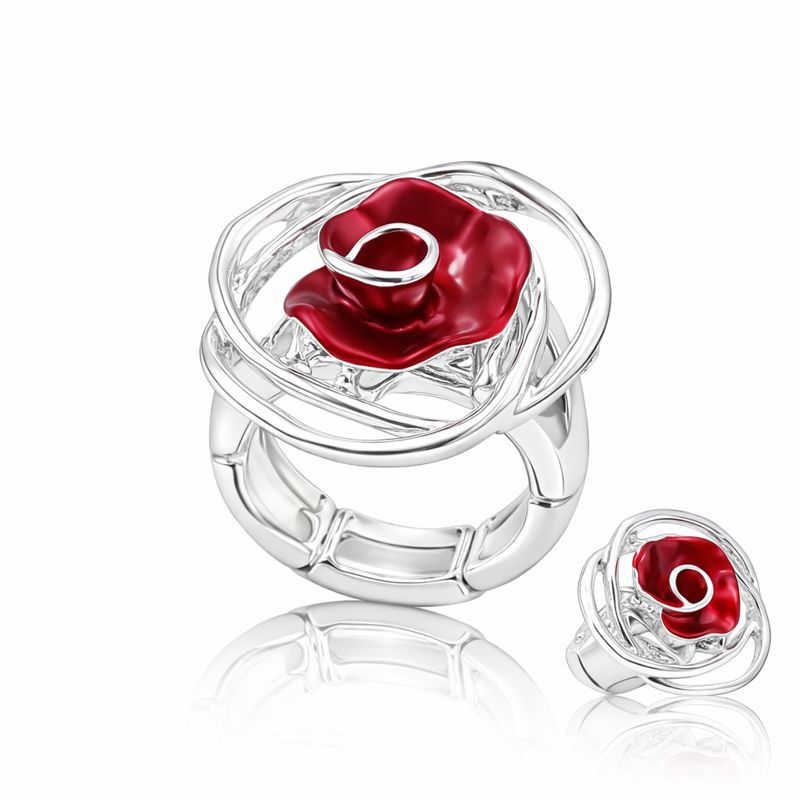 Hand painted red enamel rose silver ring worn on hand