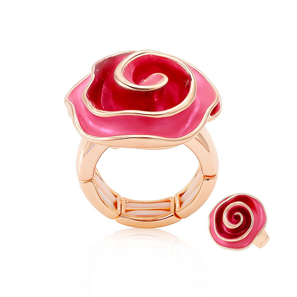 Red rose swirl ring with hand painted enamel and KC gold plating
