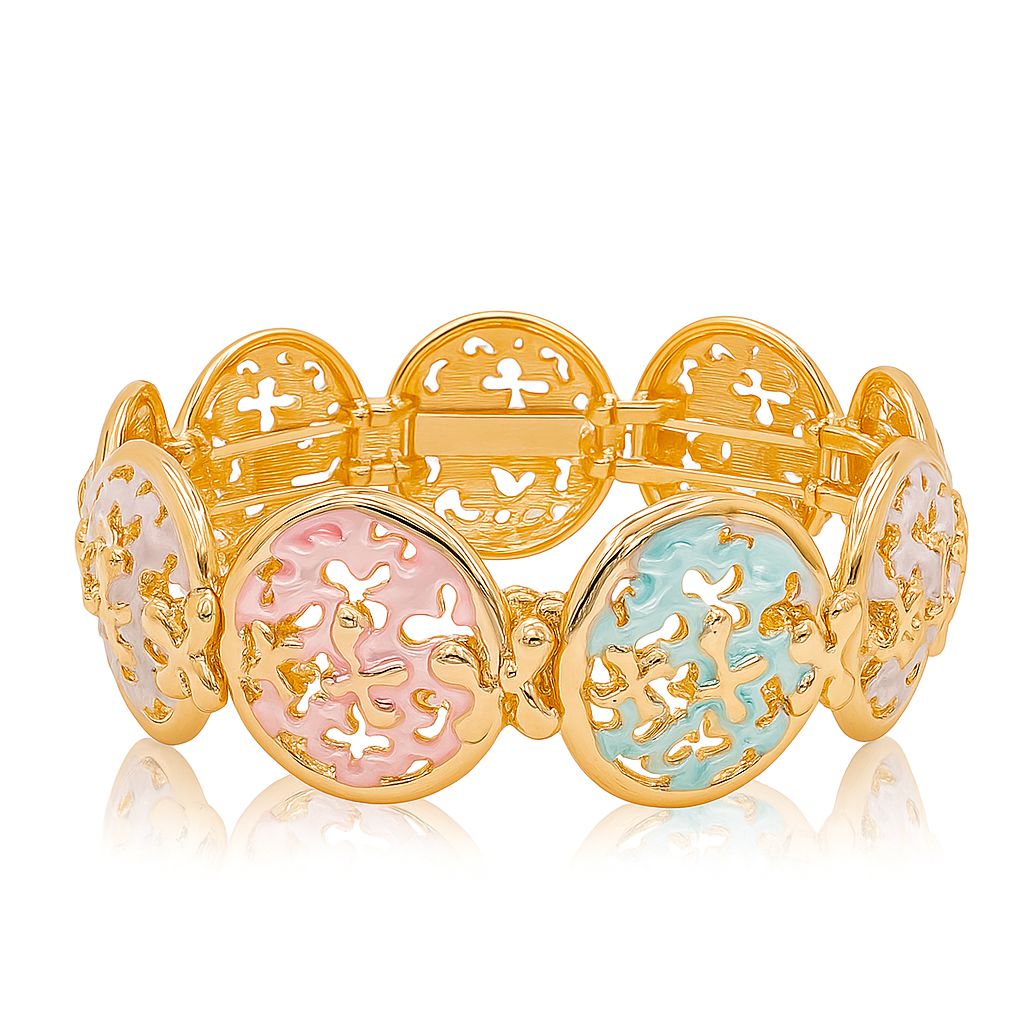 Retro floral enamel charm bracelet displayed on model wrist