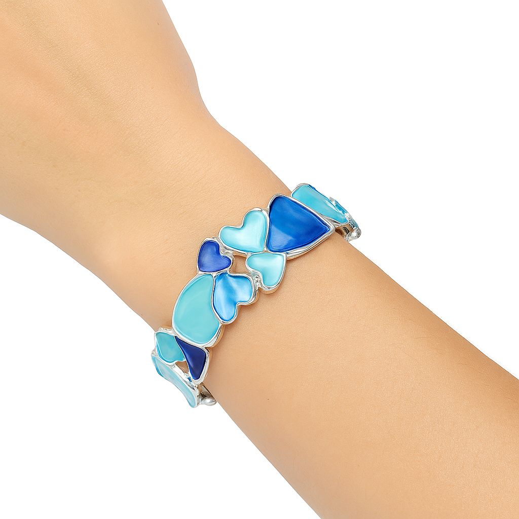 Women’s adjustable blue heart bracelet worn on wrist