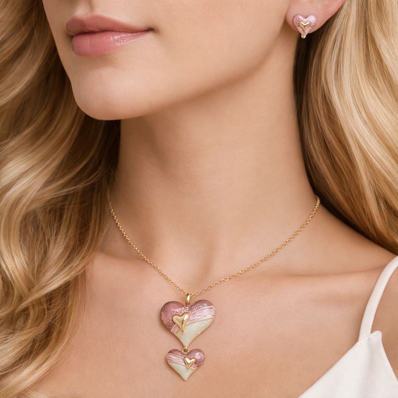 Elegant double heart enamel earrings and necklace for women