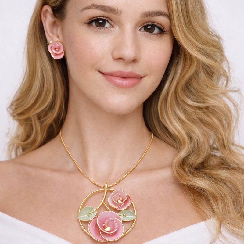 Pink rose enamel stud earrings with KC gold plating, feminine floral jewelry