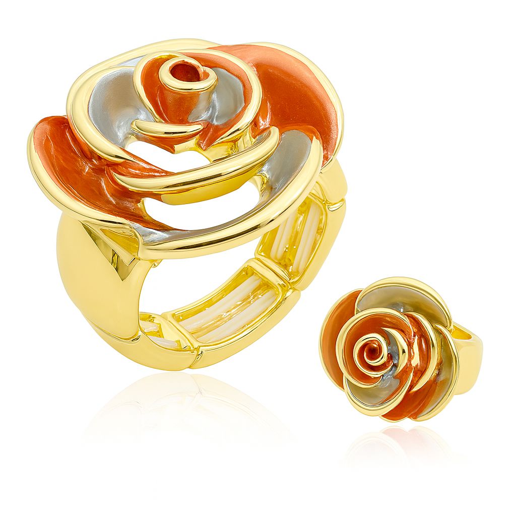 “KC gold rose enamel ring front view with hand-painted petals”