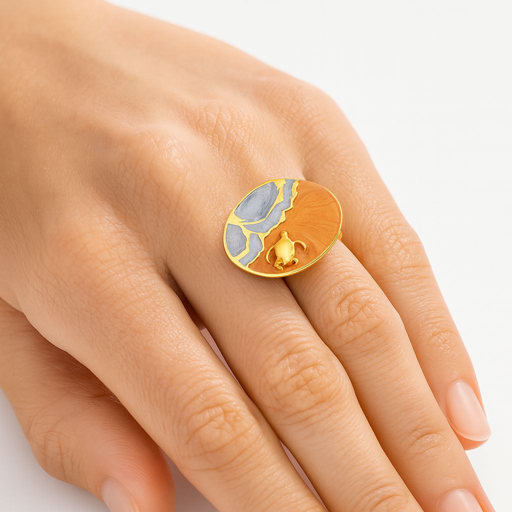“Hand-painted enamel sea turtle ring in gold finish”