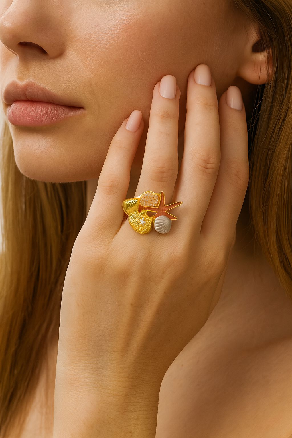 Hand-painted enamel seashell ring with KC gold plating