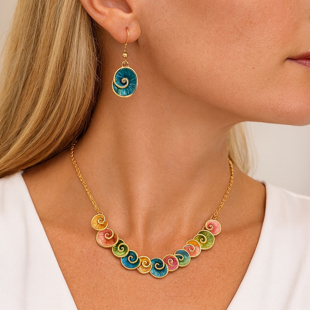 Hand-painted spiral enamel necklace and earrings worn by model
