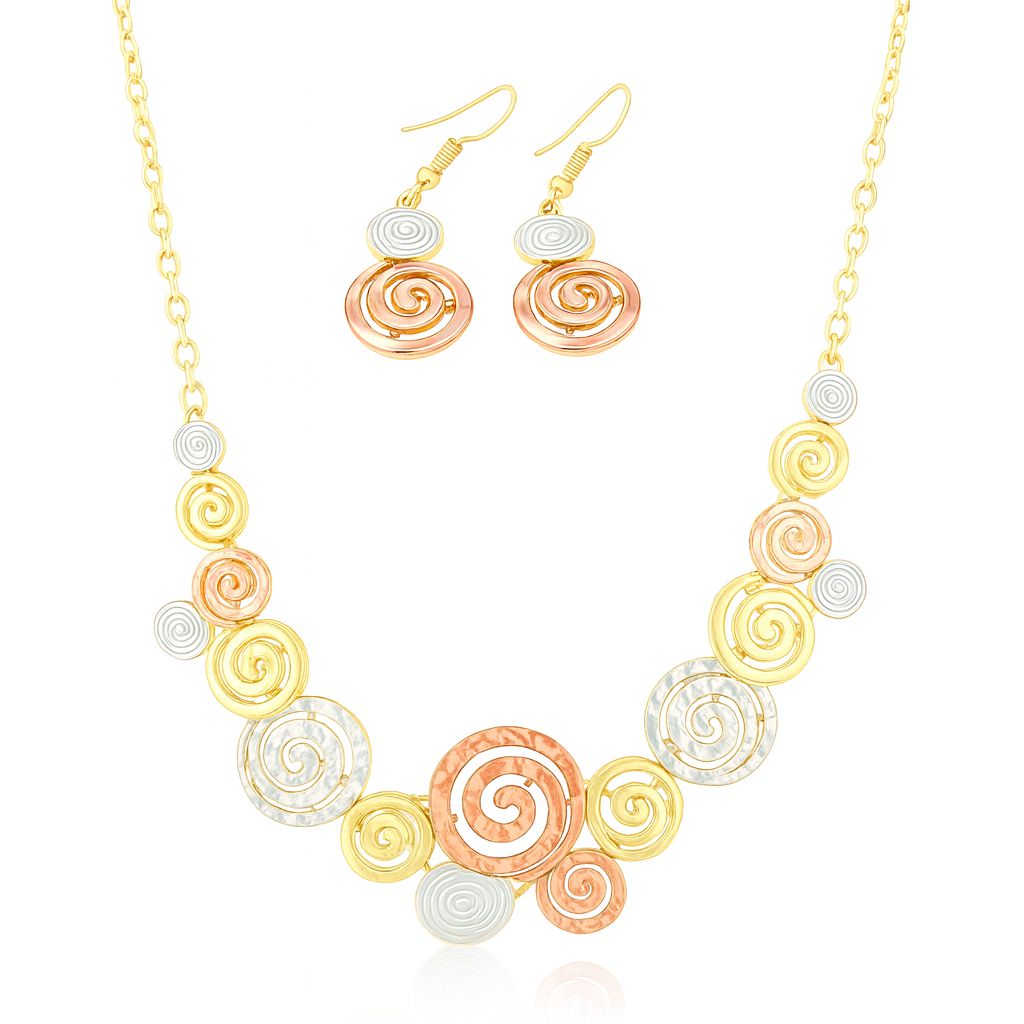 Artistic spiral necklace and earrings set with hand-painted enamel and KC gold plating