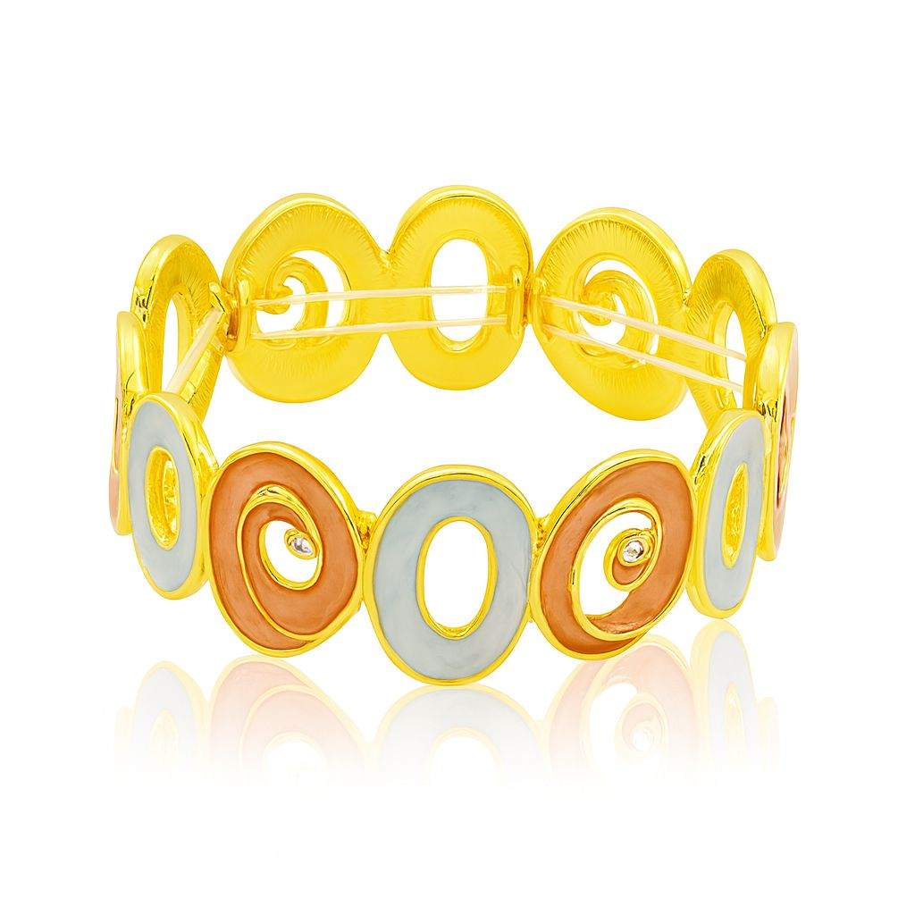 Artistic gold bangle featuring enamel oval swirl design