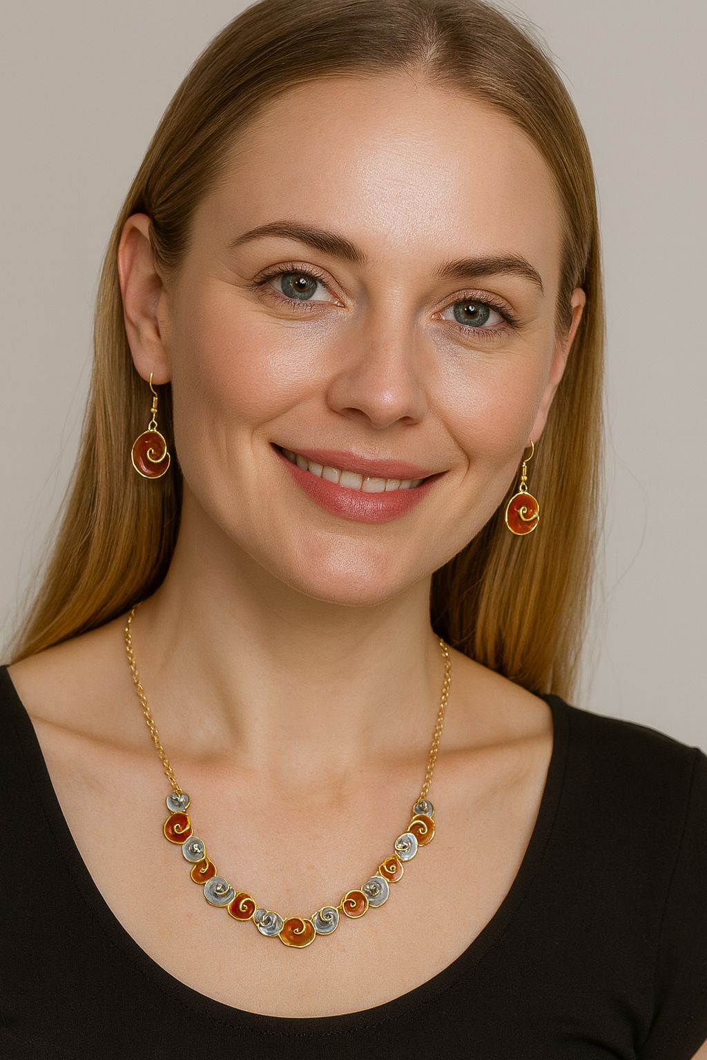 Hand painted swirl jewelry set in gold and amber tones