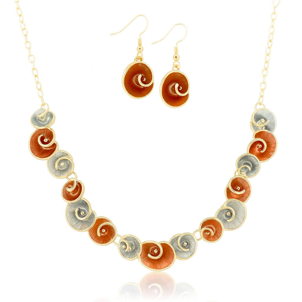 Spiral shell necklace and earrings set with KC gold plating and enamel