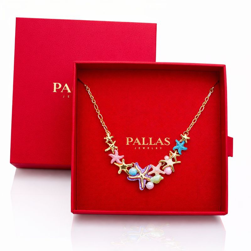 Starfish necklace and earring set in red jewelry gift box with KC gold plating