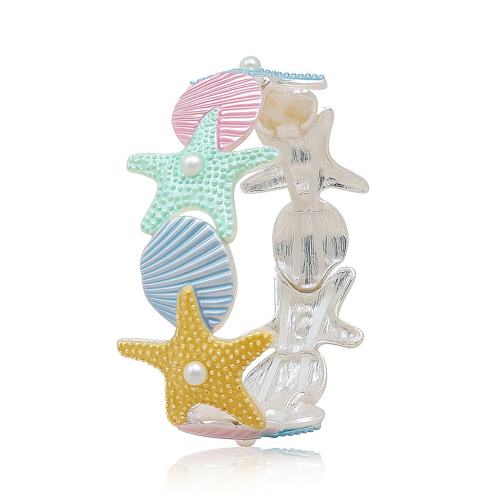 Starfish and seashell pastel enamel bangle bracelet for women