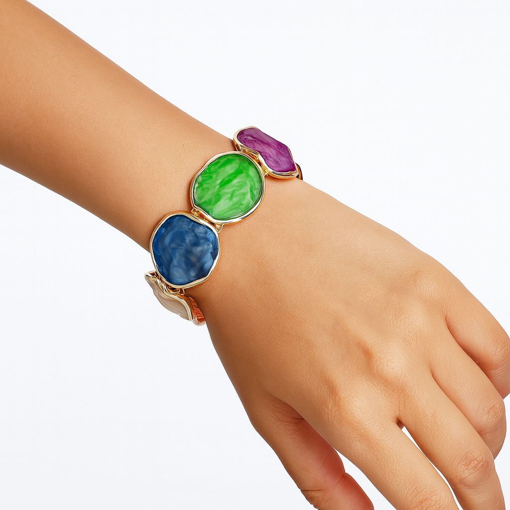 Model wearing artistic multicolor gold bracelet