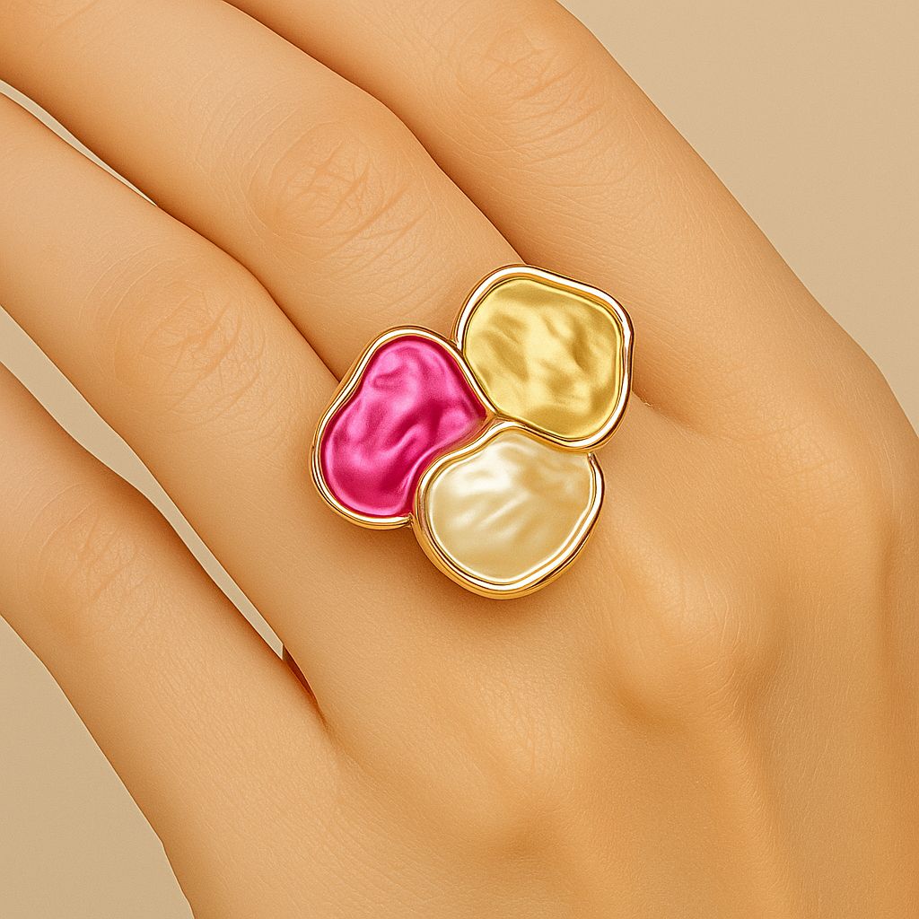 Adjustable statement enamel ring for women with pink and ivory tones