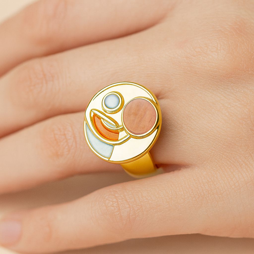 Woman wearing modern enamel statement ring on hand