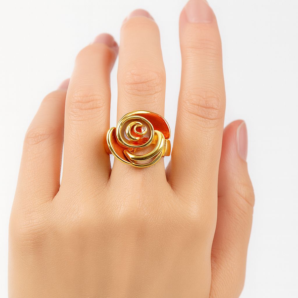 Floral rose ring with hand-painted enamel details on model’s hand