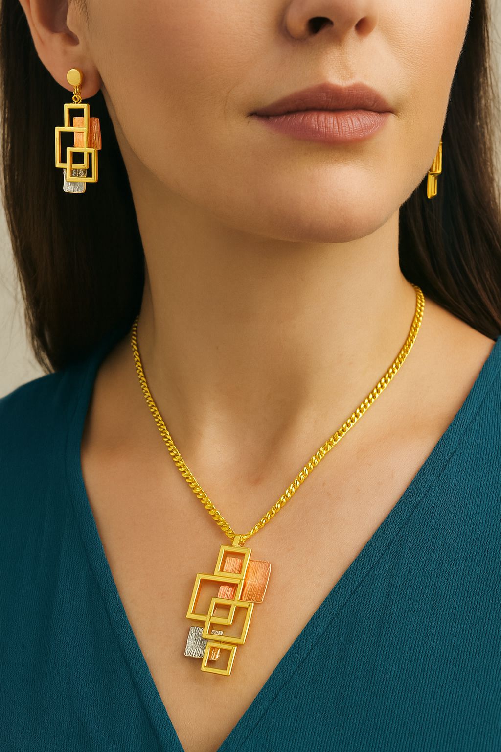 Modern statement alloy jewelry set with artistic square pendant