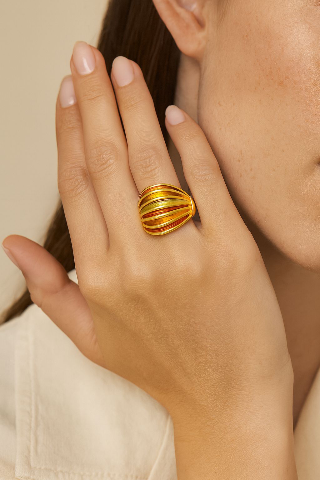 Striped enamel dome ring in KC gold worn on hand – hand-painted statement jewelry