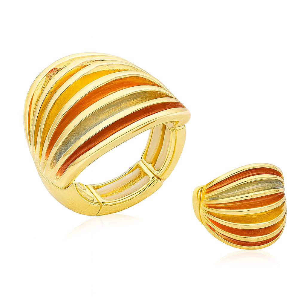 KC gold striped enamel dome ring with hand-painted details on white background