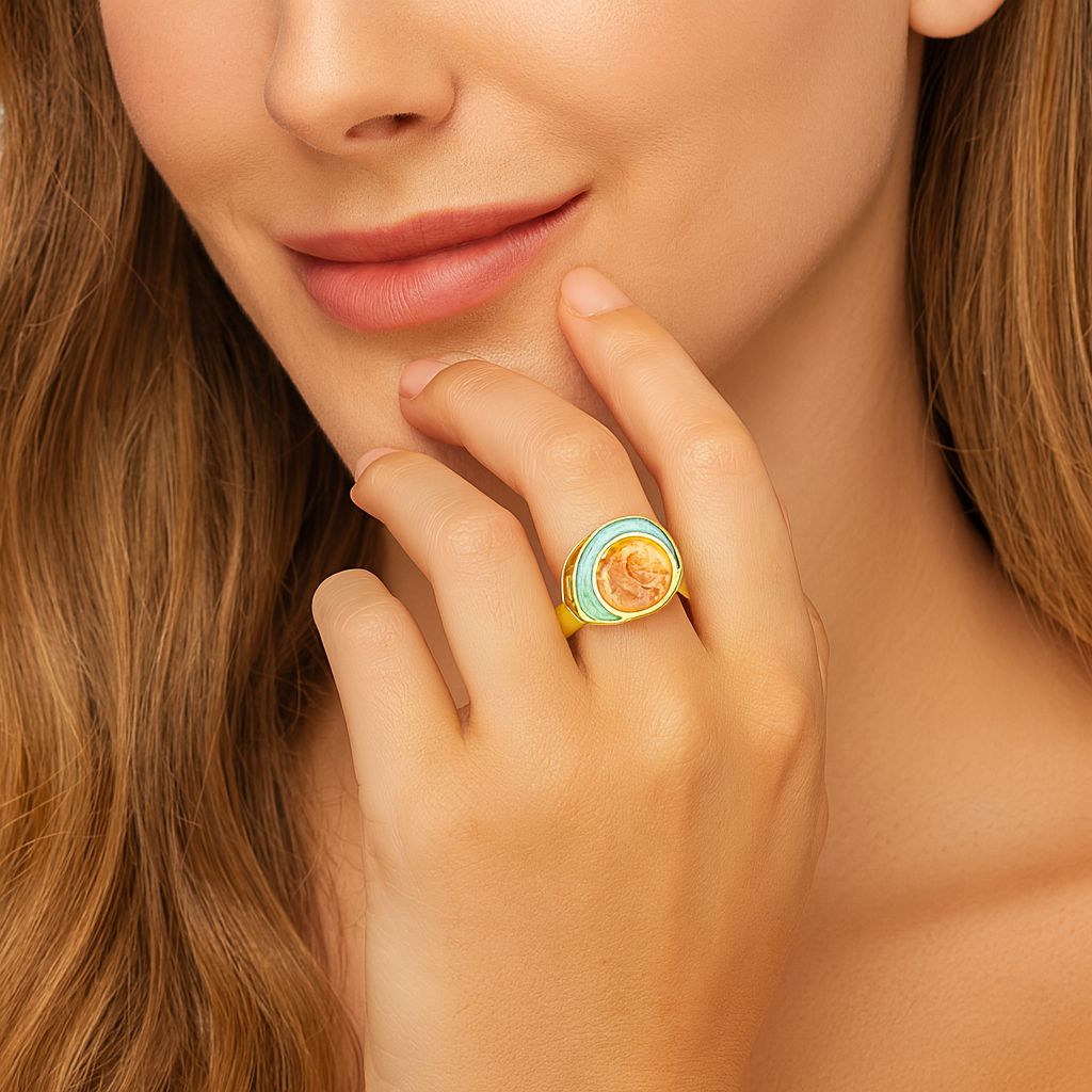 Modern fashion ring with sculptural swirl design worn on hand