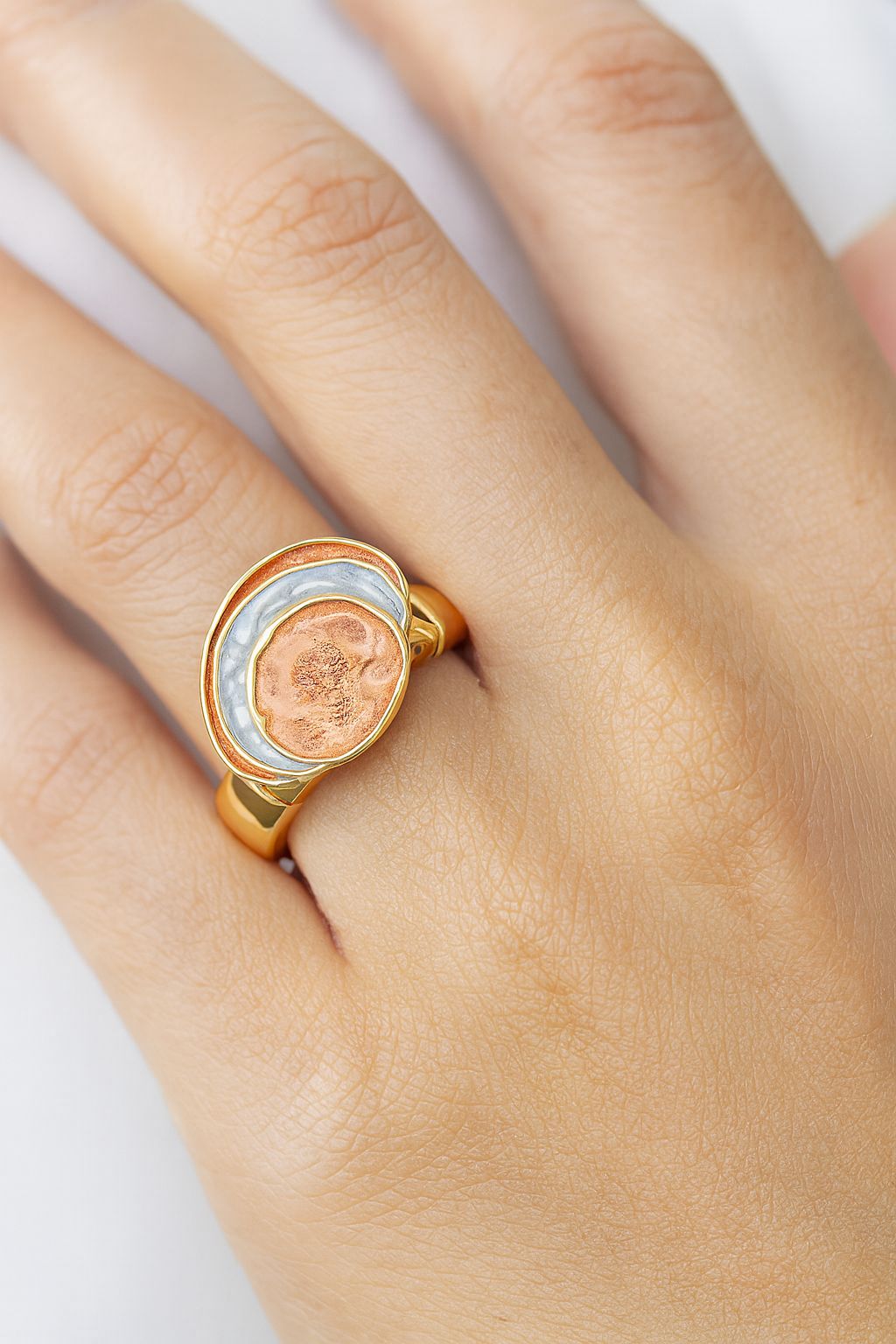 KC gold plated artistic ring with copper and silver enamel detail