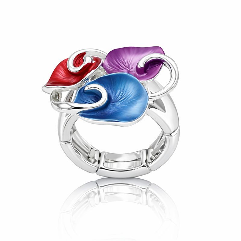 Hand painted enamel silver ring worn on hand with artistic swirl design