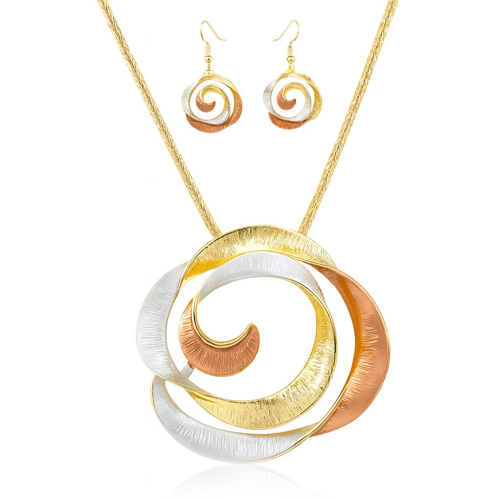 Spiral Swirl Statement Necklace and Earrings Set – KC Gold Plated Alloy with Hand-Painted Enamel