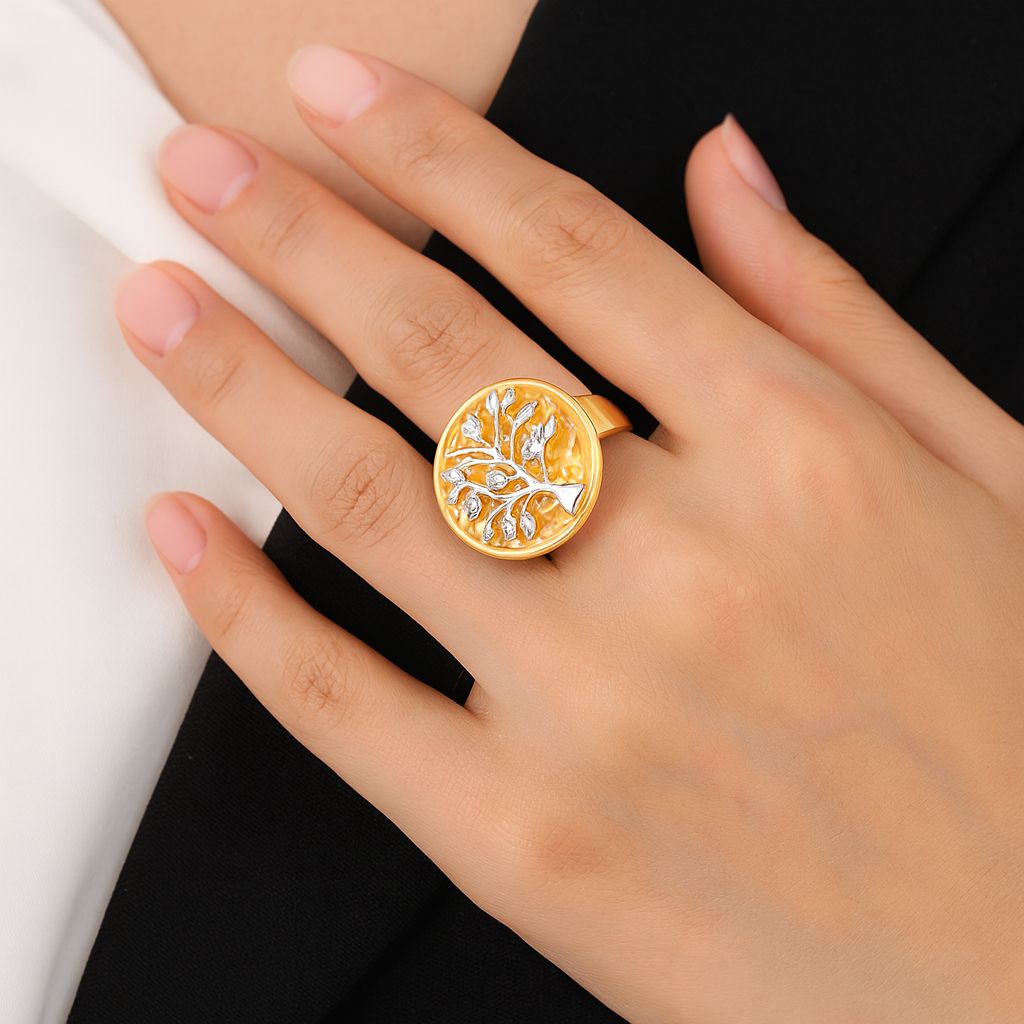 Tree of Life medallion ring worn on finger with gold finish