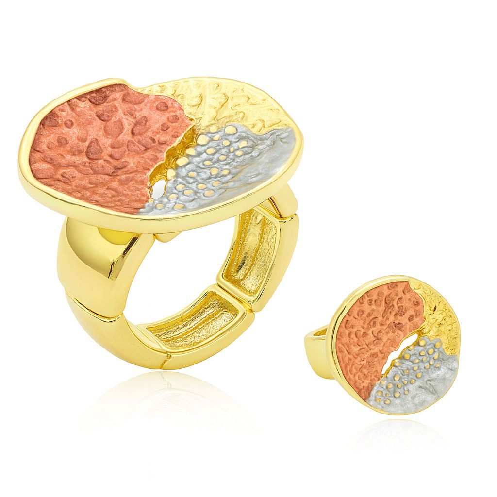 KC gold plated artistic ring with hand-painted abstract textures in orange, gold and silver