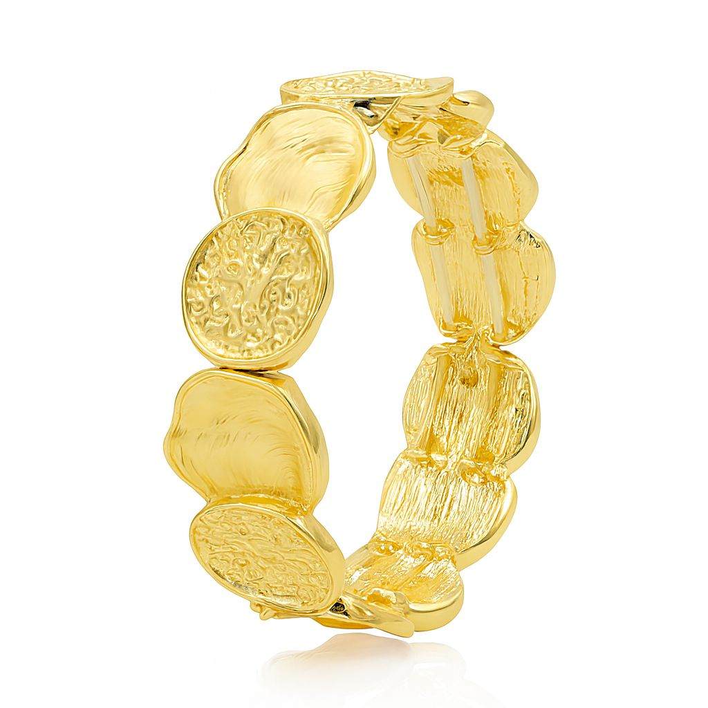 Vintage textured coin bracelet in KC gold plating with hand-painted detailing, handcrafted alloy jewelry for women.