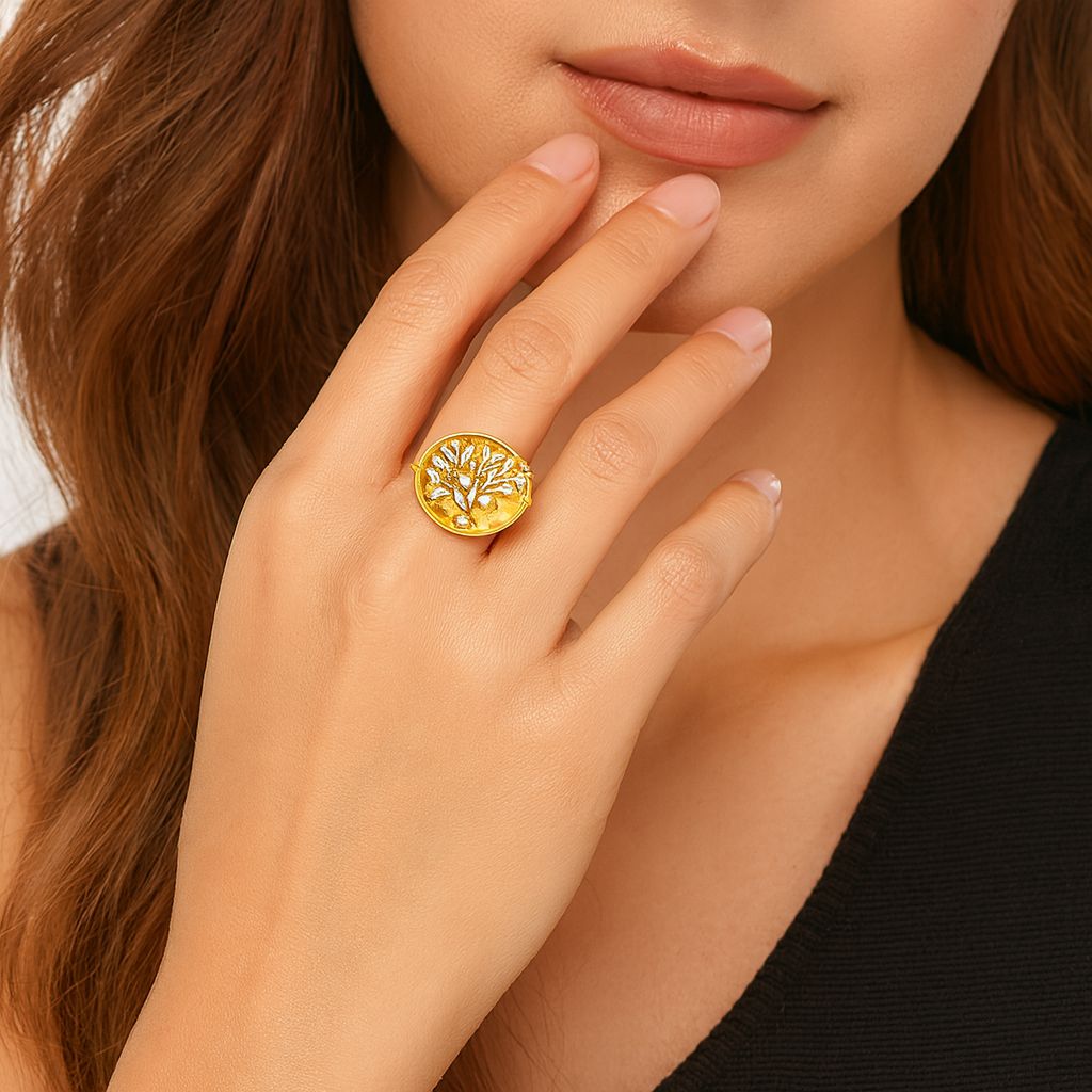 Symbolic Tree of Life gold ring worn on hand