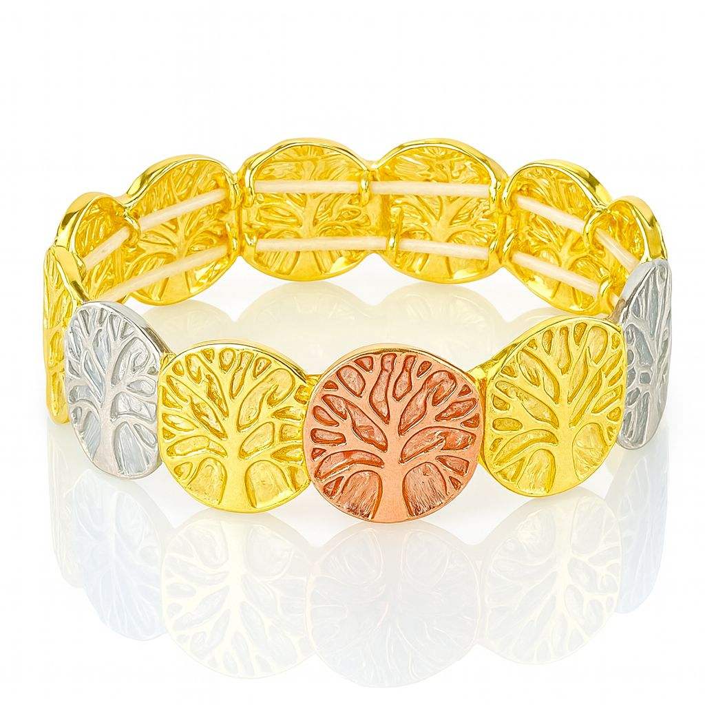 Hand-painted Tree of Life bracelet in gold, silver and rose enamel – angled view