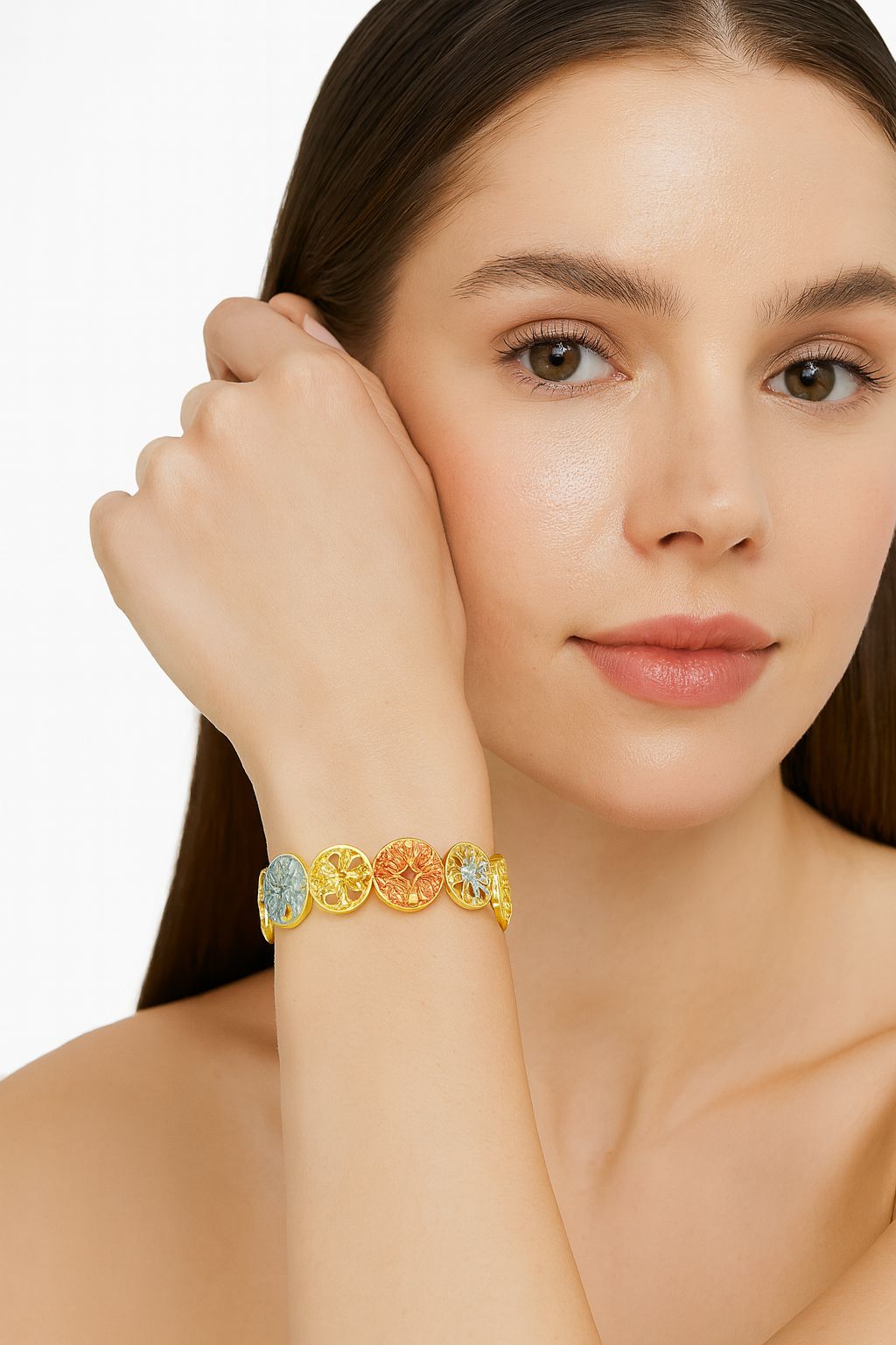 Model wearing Tree of Life symbolic medallion bracelet