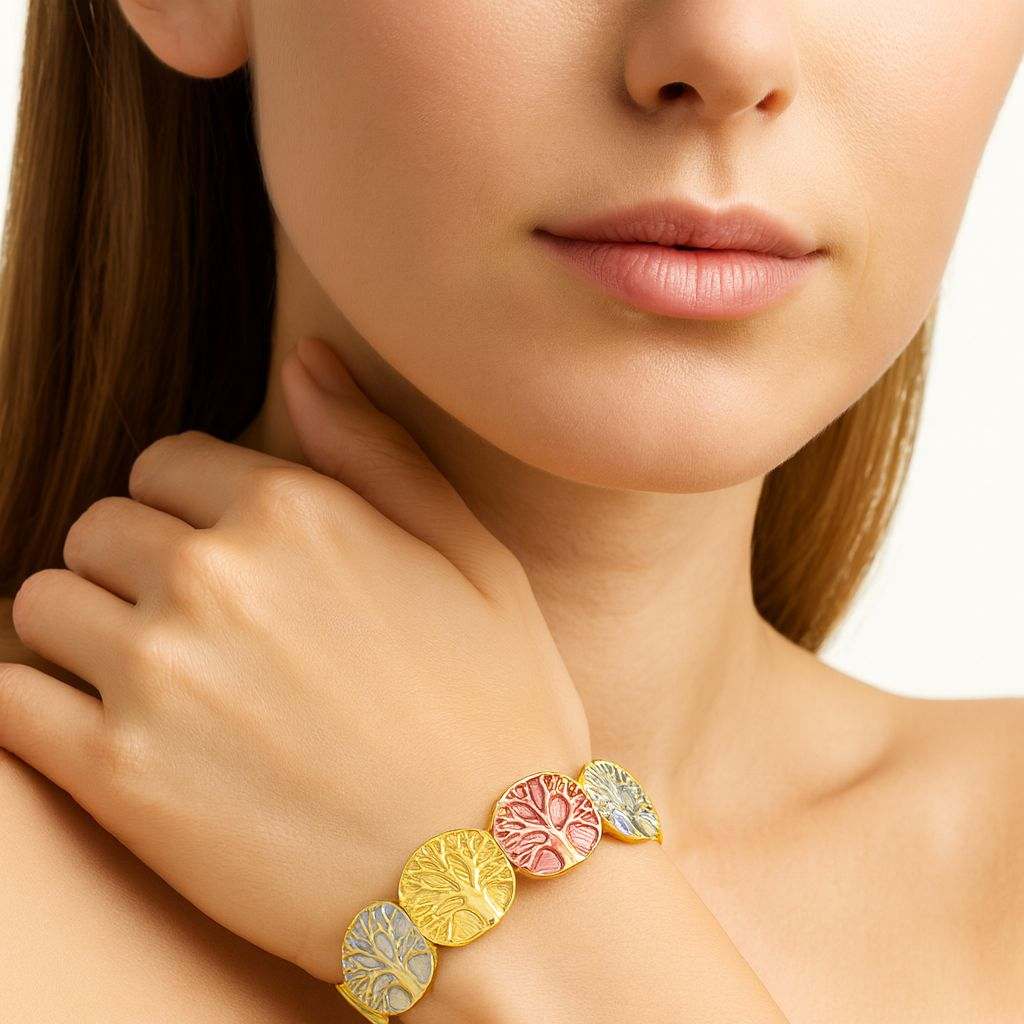 Tri-color Tree of Life stretch bangle with artistic enamel finish