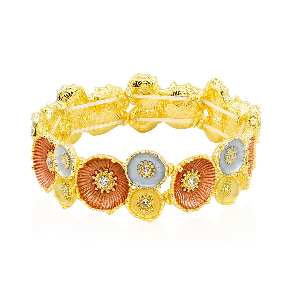 KC gold plated floral enamel crystal bracelet with tri-color flowers and sparkling accents for women