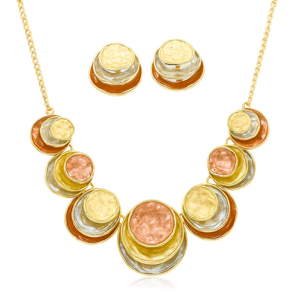“Tri-color hammered round necklace and earring set for women”